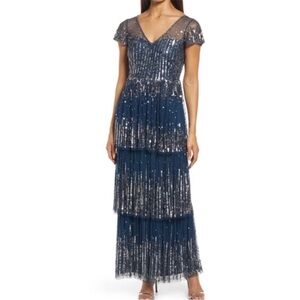 Pisarro night beaded navy tiered gown size 2 nwt